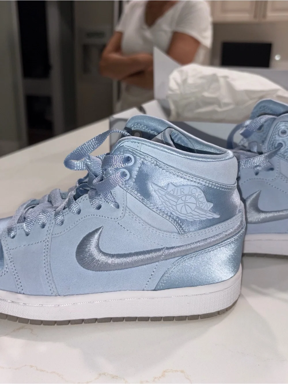 Nike Air Jordan Retro 1 Mid Light Blue Swoosh